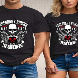 May include: Two black t-shirts with a white graphic design featuring a skull, wings, and the text "Legendary Riders Road Race Ride or Die".