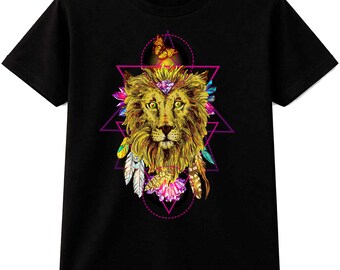 T-shirt con leone di cristallo geometrico / Maglietta grafica stile boho festival per uomo e donna