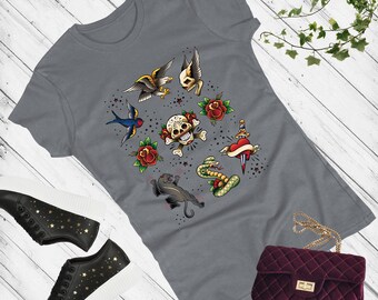 T-shirt med vintage-tatuering: Dödskallar, rosor och ormar för män och kvinnor