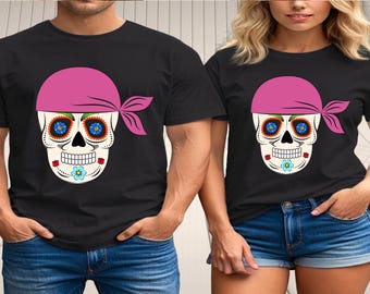 Sugar Skull Bandana T-Shirt: Unisex Dia de los Muertos Calavera Tee