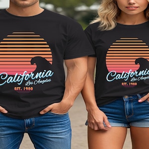 T-shirt rétro Californie Sunset : style surf de plage des années 80
