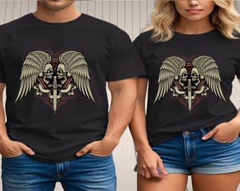 Geflügelte Schädel & Schwert T-Shirt: Gothic Biker Rock Tee