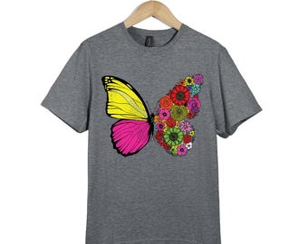 Camiseta com estampa de borboleta e flor: Camiseta unissex de algodão com arte inspirada na natureza para homens e mulheres.