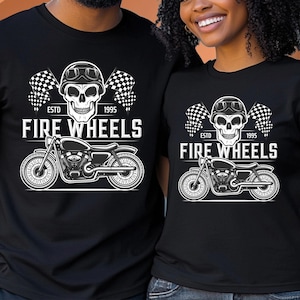 Fire Wheels Skull Biker T-Shirt – Vintage Motorcycle Club Tee, Unisex Ride or Die Graphic Shirt, Gothic Racing Flag Moto Biker Top