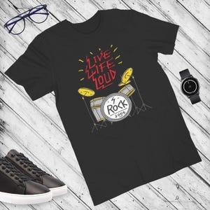 Rock Music Drum Set T-Shirt: Live Life Loud, Vintage Band Style