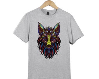 Tribal Wolf Head Cotton T-Shirt, Boho Animal Spirit, Unisex