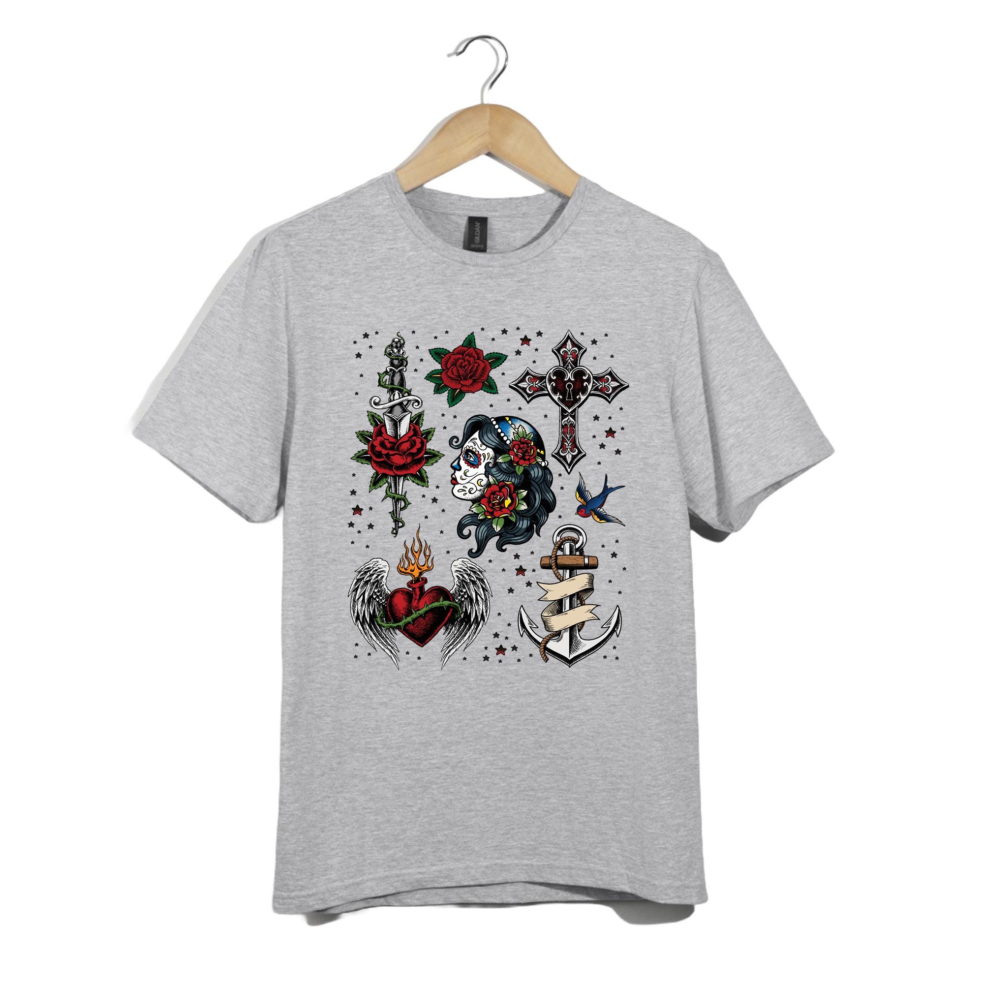 Tattoo Art T-shirt – Day of the Dead Skull, Roses, Sacred Heart