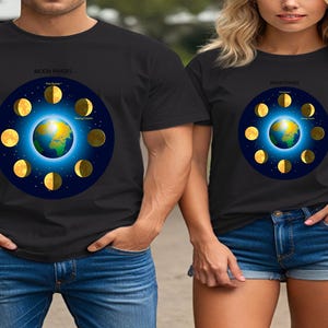 T-shirt maanfasen aarde – shirt maancyclus ruimte – astronomie grafisch T-shirt – planeet aarde hemelse kunst – wetenschapscadeau voor liefhebbers