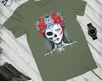 Tag der Toten Schädel T-Shirt - Gothic Tattoo Rose Tee