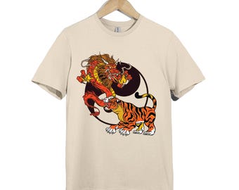 Dragon and Tiger Yin Yang T-Shirt, Asian Tattoo Art