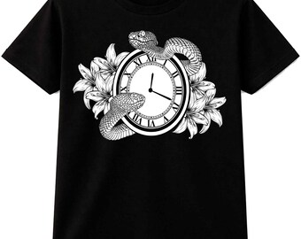 Gotische bloemen T-shirt met slangenklok | T-shirt met tatoeagestijl voor heren en dames