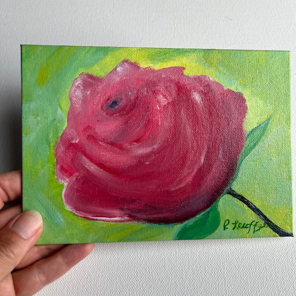 Single Red Rose Flower, Original Acrylic Painting, 5x7 inches, on a  Canvas Board Panel