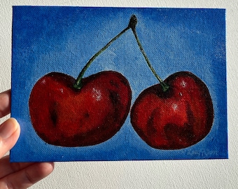 Two Dark Red Twin Cherries, Small Original Acrylic Fruit Painting, 5x7 Inches, Blue Background on a Canvas Board Panel, Affordable gift