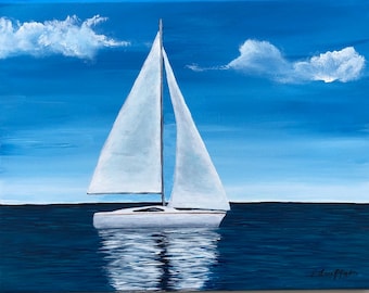 Blue And White Sailboat Painting, Nautical Wall Art, 14x18 inches