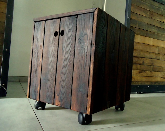 storage for fire logs, wooden stool, "shou-sugi-ban" burned wooden stool, end table, coffee table