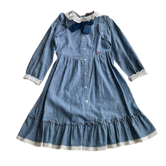 Vintage Prairie Dress Sassoon 1980s Denim Blue Whi