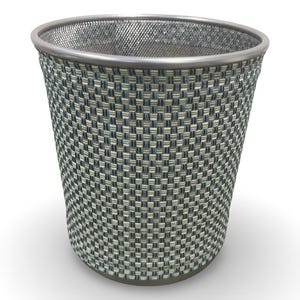 May include: A cylindrical wastebasket with a woven pattern in shades of blue, gray, and white. The top rim is silver, and the interior is a fine mesh. The wastebasket is designed to hold trash and is suitable for an office or home.