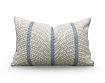 Tan and Light Blue Embroidered Lumbar Pillow 12x18" Knife Edge Cover