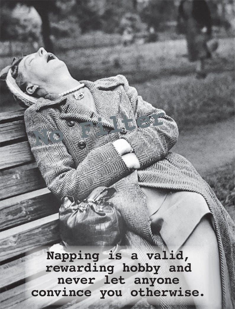 May include: Black and white photograph of a person napping on a park bench. The person is wearing a coat and a hat, with a purse beside them. The text on the image reads: "Napping is a valid, rewarding hobby and never let anyone convince you otherwise."