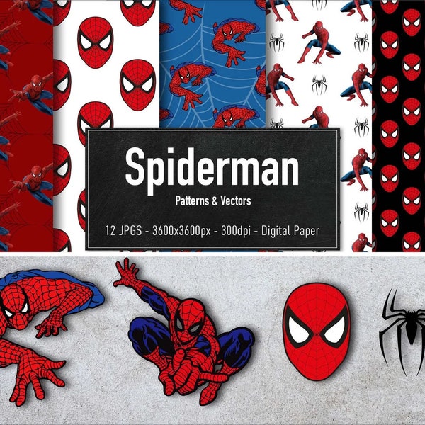 Spiderman Pattern & Vector Clipart, 12 Images différentes, 8 Cliparts, eps-svg-dxf-png, Papier numérique, Téléchargement instantané.