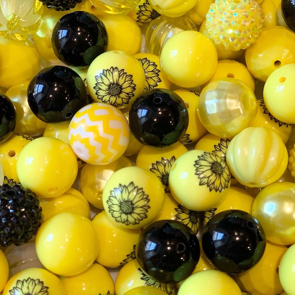 20mm Sunflower Bubblegum Beads, Chunky Bead Mix, Printed Beads, Girls Necklace Beads, DIY Beads