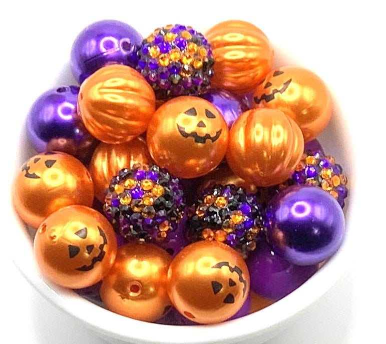 20mm Halloween Bubblegum Beads, Halloween Mixed Chunky Beads, Pumpkin Beads, Pen Beads, Necklace Beads, Jack O'Lantern, Halloween Craft