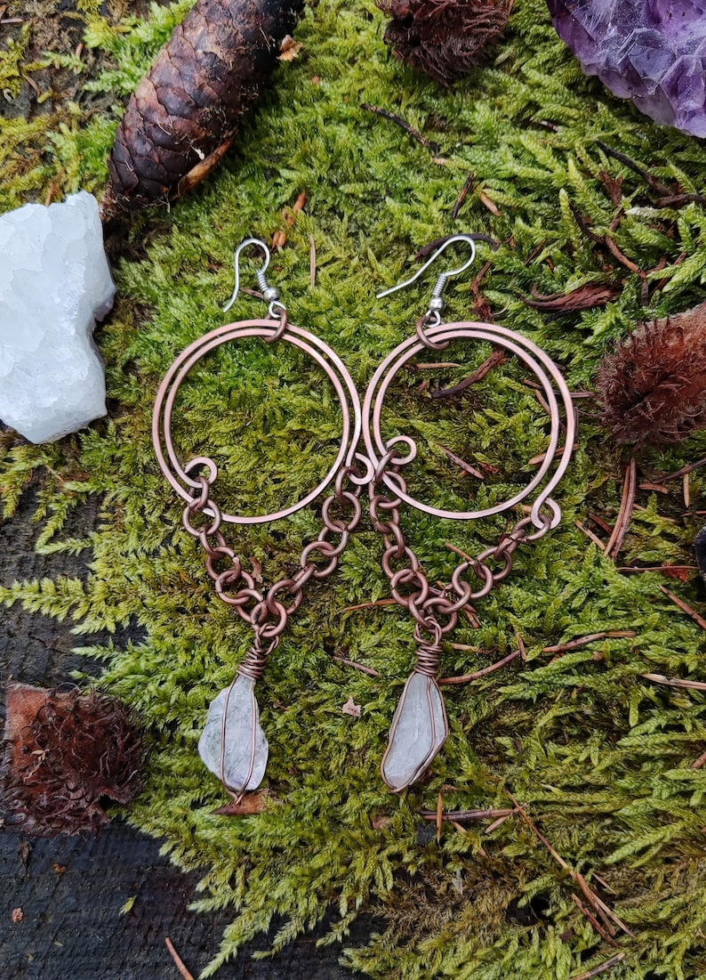Long clear quartz priestess earhangers; copper birthstone earrings