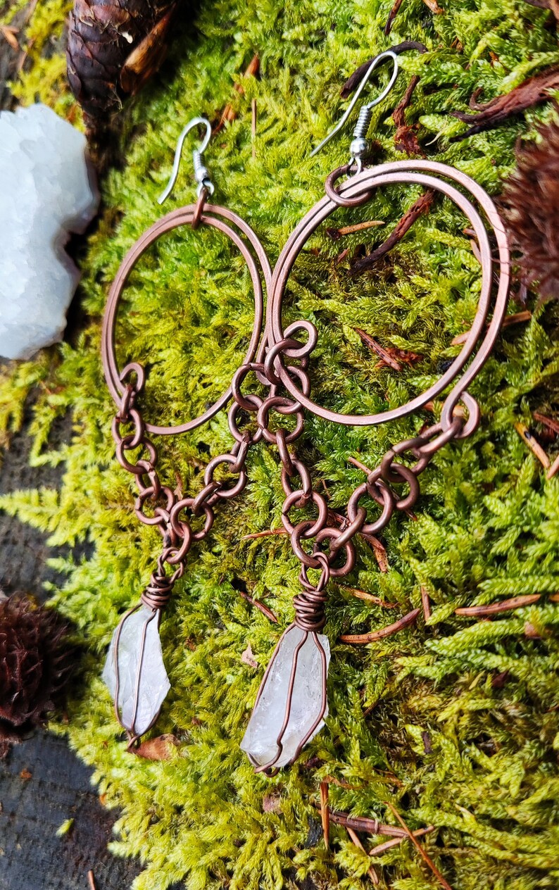 Long clear quartz priestess earhangers; copper birthstone earrings