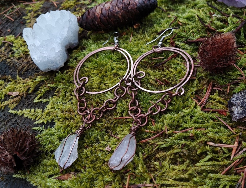 Long clear quartz priestess earhangers; copper birthstone earrings