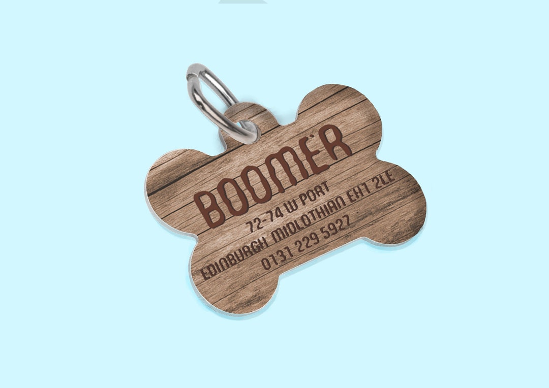 Wood Effect Dog Tag Personalised Custom Pet Tags Bone Shaped Pet Tag