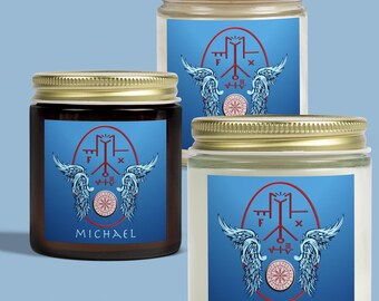 Archangel Michael Scented Candle, Divine Sigil of Protection Glyph with Angel Wings, Decorative Glass Keepsake Jar