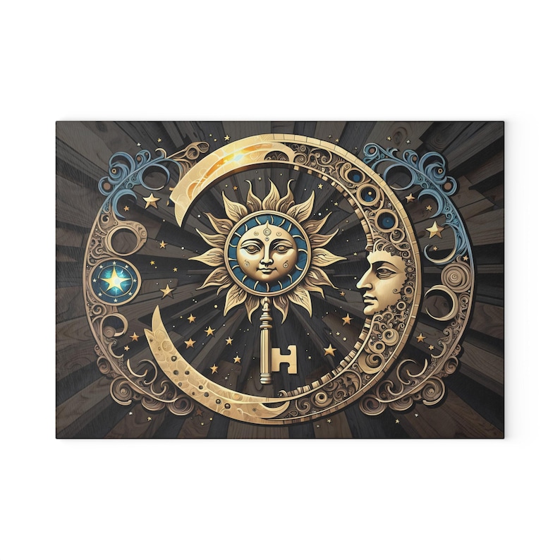 Celestial Key, Sun, Moon & Stars Glass Cutting Board, Boho Cosmic ...