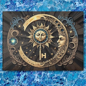 Celestial Key Glass Cutting Board, Boho Cosmic Kitchen Decor, Witchy Medieval Style Sun, Moon & Stars