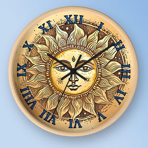 Boho Sun Face Wood Wall Clock: Vintage European Art Style, Silent Movement