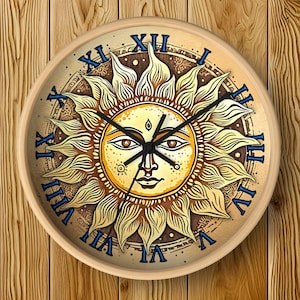 Boho Sun Face Wood Wall Clock: Vintage Medieval Celestial Astrology Style