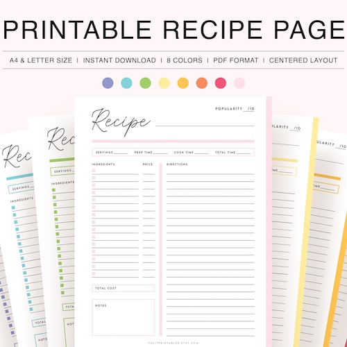 Printable Blank Recipe Planner Pages Recipe Sheet for Meal - Etsy