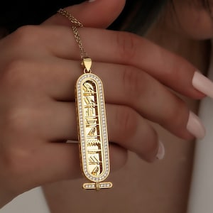 Egyptian 14k Gold Cartouche Necklace, Personalized Name Jewelry with Zircon Stone, Perfect Anniversary Gift, Unique Personalized Gift