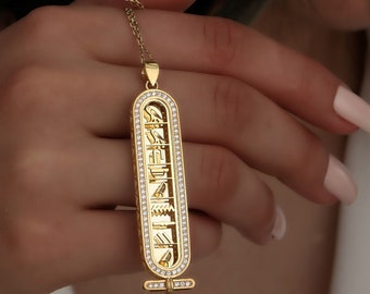 Egyptian 14k Gold Cartouche Necklace, Personalized Name Jewelry with Zircon Stone, Perfect Anniversary Gift, Unique Personalized Gift