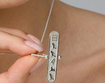 Personalised Spinning Egyptian Cartouche Necklace, Sterling Silver Hieroglyph Name Pendant, Reversible Egyptian Jewellery, Gift for Her Him