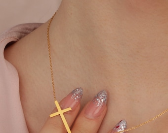 Gold filled zijwaarts kruisketting, sterlingzilver, christelijk cadeau