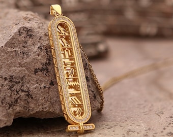 Gold Egyptian Cartouche Necklace with Zircon Stone, 14k Personalized Name Jewelry, Unique Gift for Her, Custom Name Jewelry, Elegant Gift