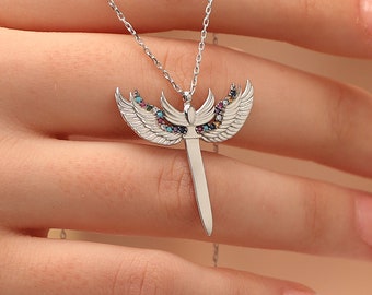 Sterling Silver Archangel Michael's Sword Pendant Colorful Stones Necklace with 15.5'' to 17.3 Inches Adjustable Chain - Protection Necklace
