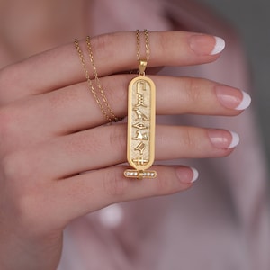 Egyptian Personalised Name Necklace, Gold Custom Cartouche Pendant with Zircon Stone, Unique Ancient Egyptian Jewelry, Gift for Her or Him