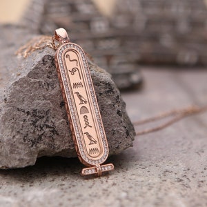 Personalized Egyptian Cartouche Necklace, 14k Rose Gold with Zircon Stone, Custom Name Pendant, Unique Anniversary Gift, Egyptian Name Gift