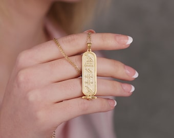 Custom Name Necklace Gold, Personalized Egyptian Cartouche, Double-Sided Hieroglyph Name Pendant, Ancient Egypt Gift for Him or Her