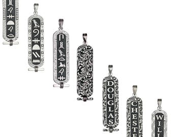Sterling Silver Hieroglyph Necklace, Black Enamel Cartouche Pendant, Double-Sided Engraved Jewelry, Egyptian Ancient Symbol Gift for Him