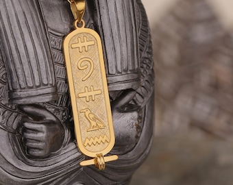 Personalized Egyptian Gold Plated Name Pendant, Ancient Cartouche Necklace, Custom Hieroglyph Necklace, Gold Cartouche Jewelry Gift for Her