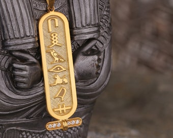 Egyptian Personalised Name Necklace, Gold Custom Cartouche Pendant with Zircon Stone, Unique Ancient Egyptian Jewelry, Gift for Her or Him