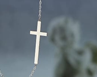 Zijdelingse kruis sterlingzilveren ketting, kleine verstelbare lengte, spirituele sieraden cadeau voor christelijke vrouwen