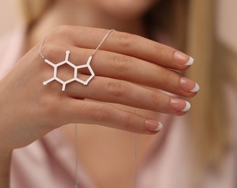 Sterling Silver Caffeine Molecule Charm Necklace, Chemistry Science Jewelry